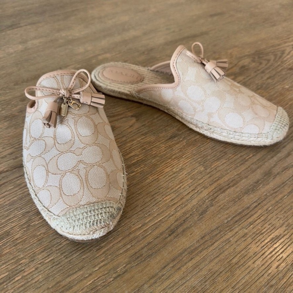 Coach Signature Espadrille Mules Slides Women's 9 Tan Beige Jacquard Tassel Bow